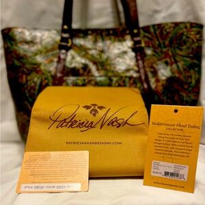 Patricia Nash Mediterranean Floral Tooling Tote, Green & Brown Leather.